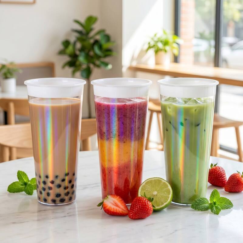 Logo tùy chỉnh IML Ống cà phê đúc tiêm Rainbow Film Cốc đồ uống nhựa với nắp, dùng một lần