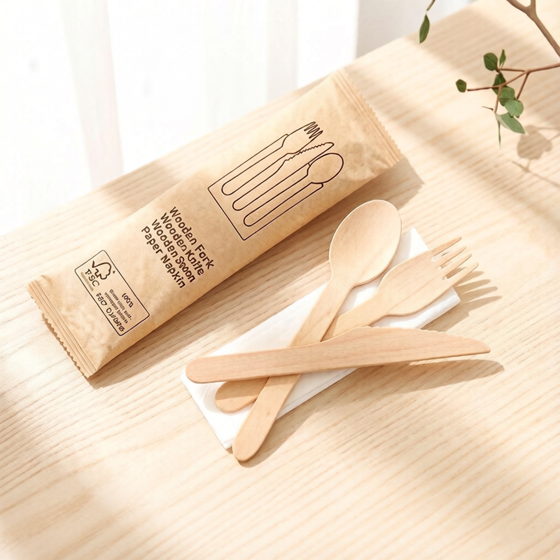 160mm Biodegradable Wooden Cutlery Set – Disposable Knife Fork Spoon & Napkin Kit, 250 Sets/Bulk Pack for Party & Event